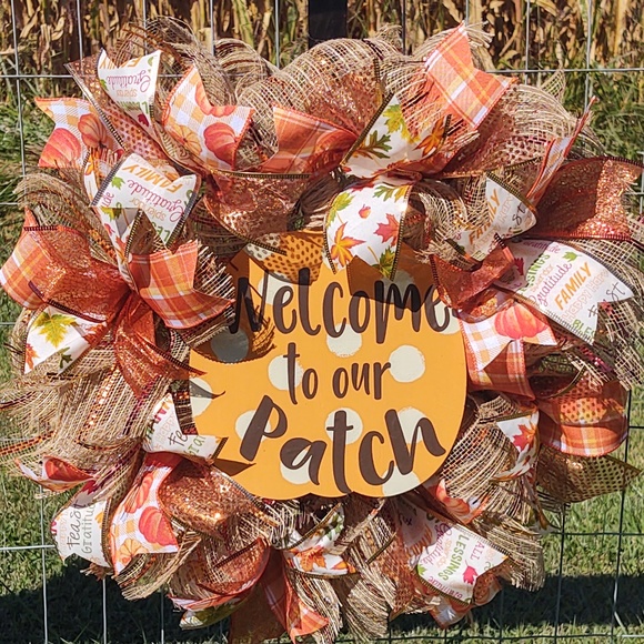 New Hand Crafted Fall Thanksgiving Deco Mesh Ribbon Welcome To Our Patch Wreath - Picture 1 of 8